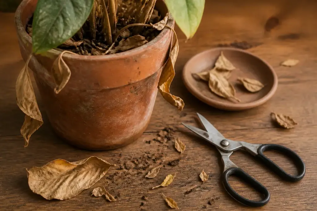 Pot de plante avec cisailles et feuilles seches
