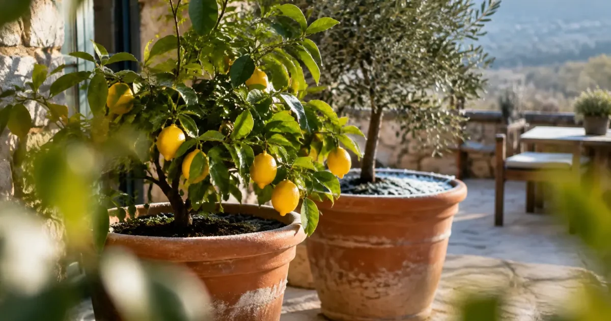 Pots de citronnier et olivier givres poses sur terrasse