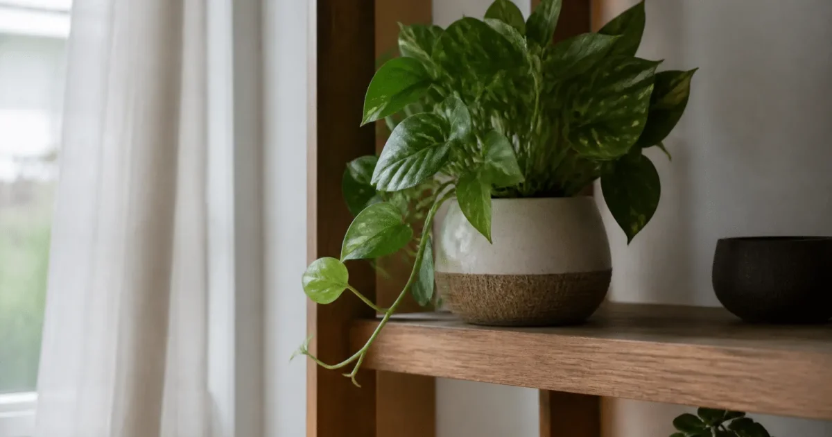 Potted green plant positioned on wooden shelf indoors.