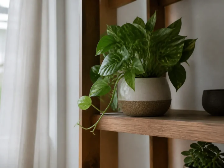 Potted green plant positioned on wooden shelf indoors.