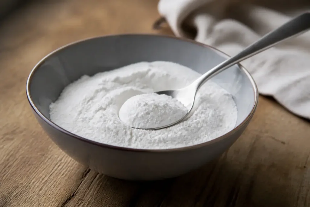 Poudre blanche dans un bol et cuillere en inox
