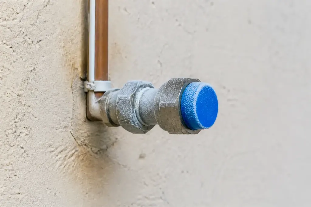 Raccord metallique givre avec capuchon bleu sur mur