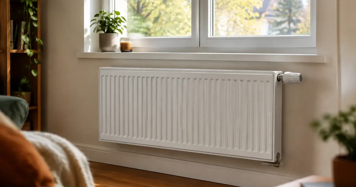 Radiateur electrique blanc fixe au mur sous fenetre