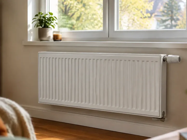 Radiateur electrique blanc fixe au mur sous fenetre