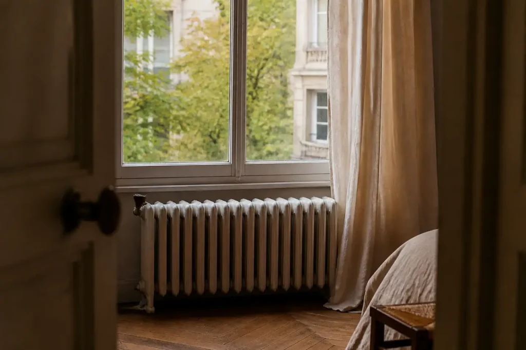 Radiateur en fonte sous une grande fenetre, rideau entrouvert