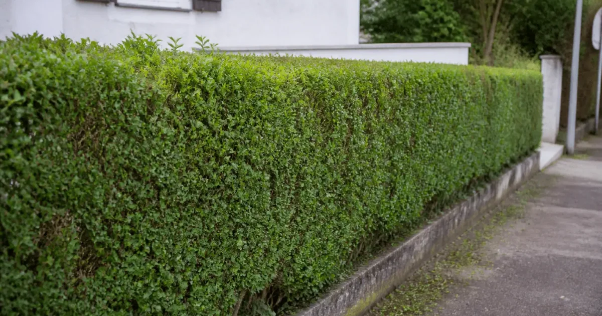 Rangée de buissons taillés à hauteur réglementaire le long d'une propriété.