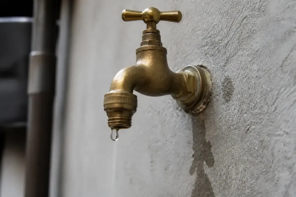 Robinet laiton sur mur gris avec goutte au raccord