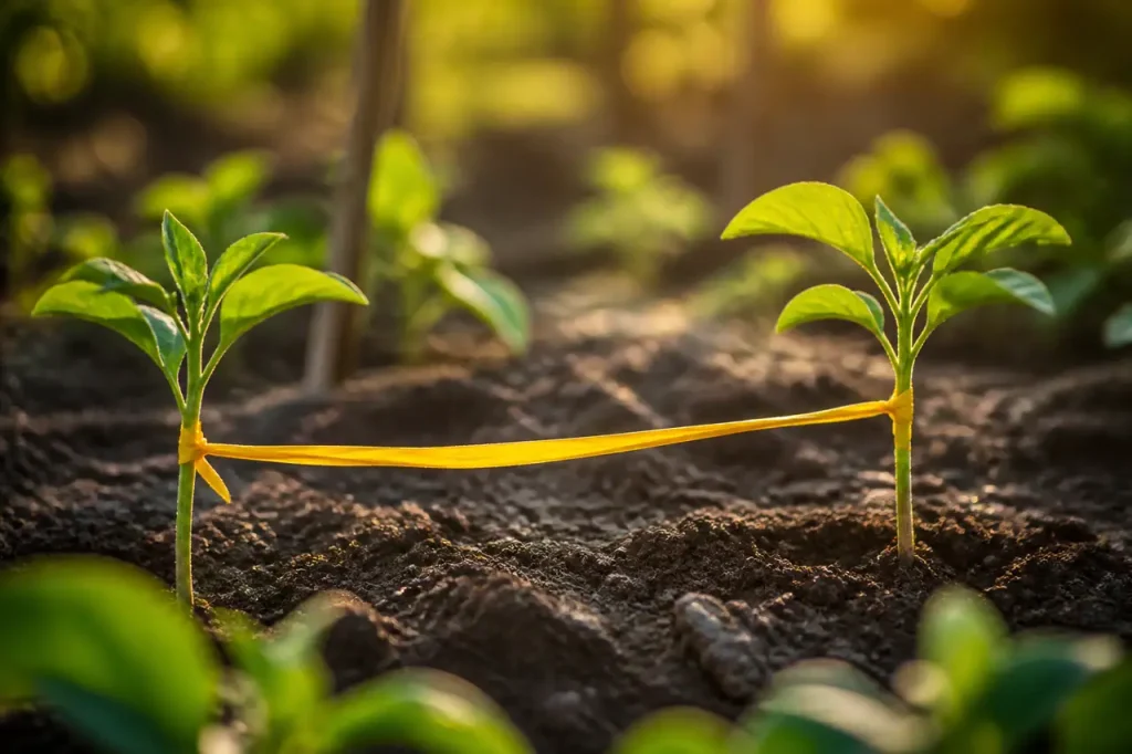 Ruban jaune tendu entre deux jeunes plants en terre