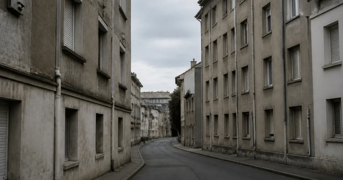Rue déserte avec immeubles gris sous ciel nuageux.