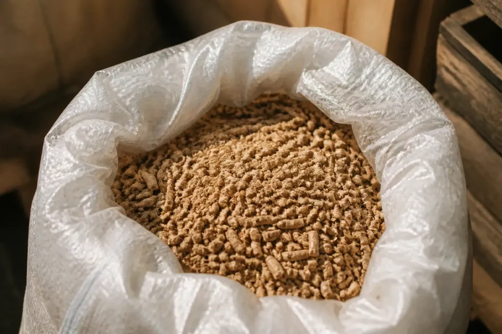 Sac ouvert de granules de bois en miettes