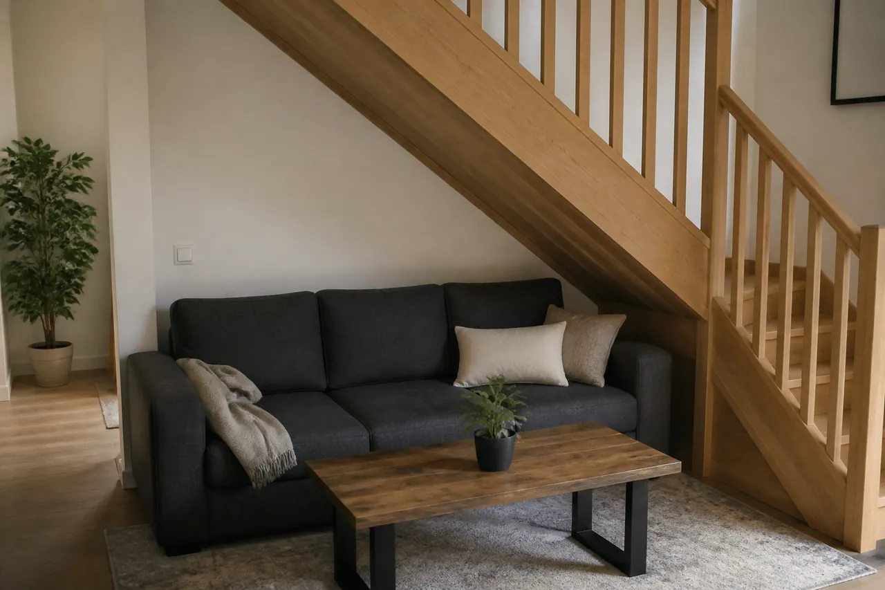 Salon avec canape gris sous escalier bois.