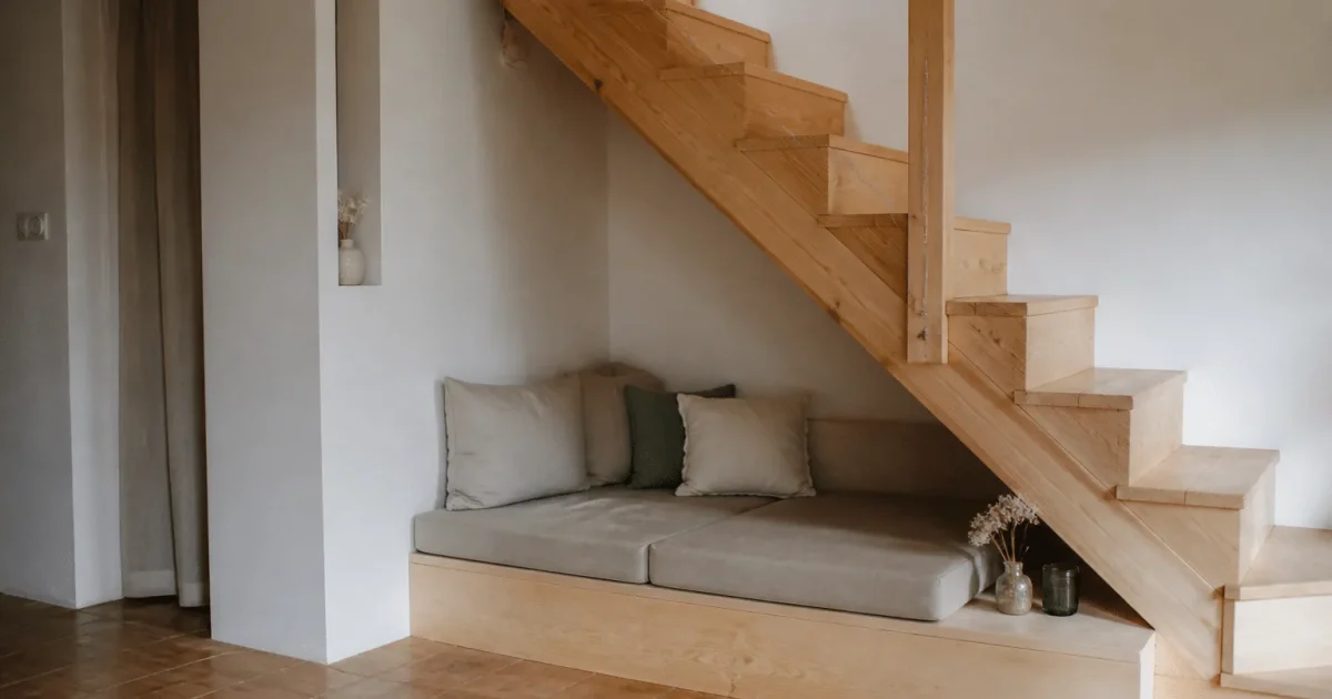 Sofa compact place sous marches d'escalier bois