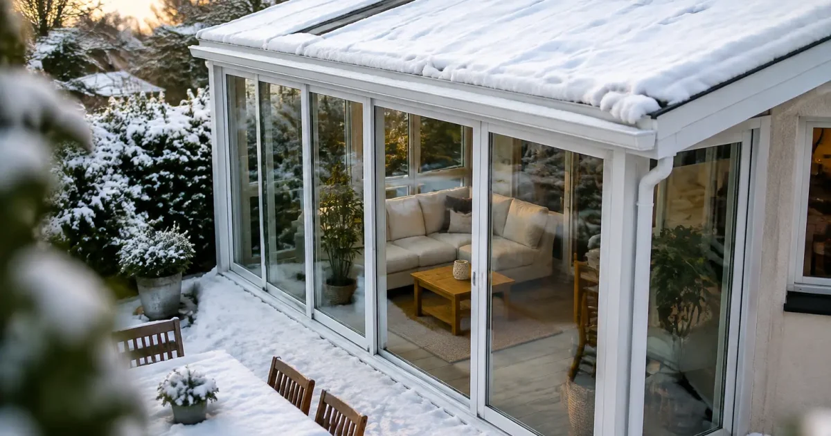 Structure vitree blanche fixee sur terrasse enneigee