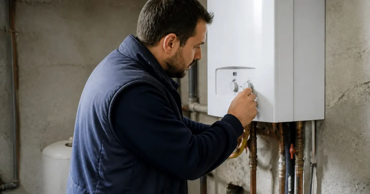 Technicien ajustant les commandes d'un chauffe-eau mural.