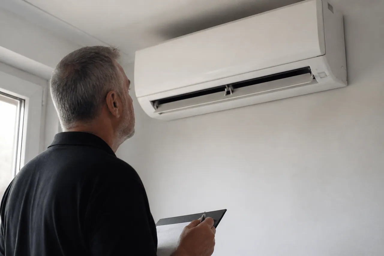 Technicien inspectant unité climatisation murale blanche