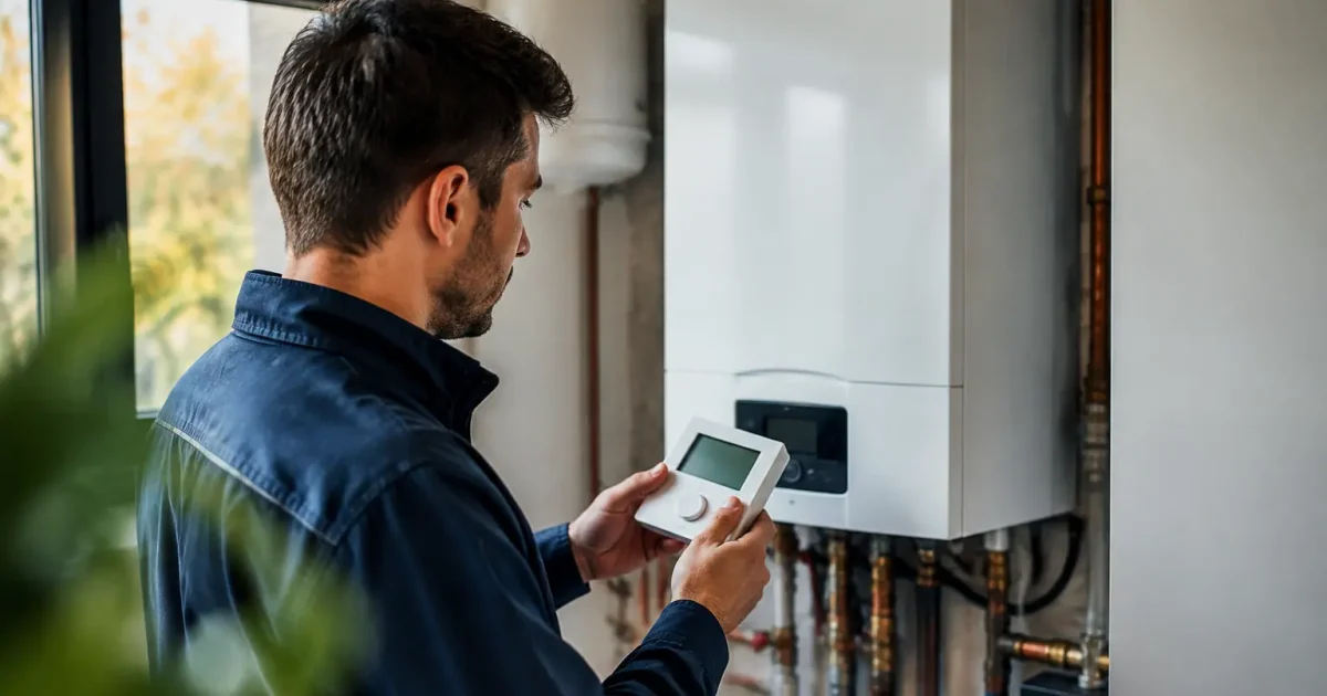 Technicien debout tenant un thermostat devant une chaudiere murale