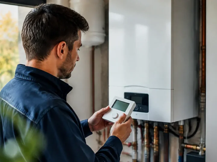 Technicien debout tenant un thermostat devant une chaudiere murale