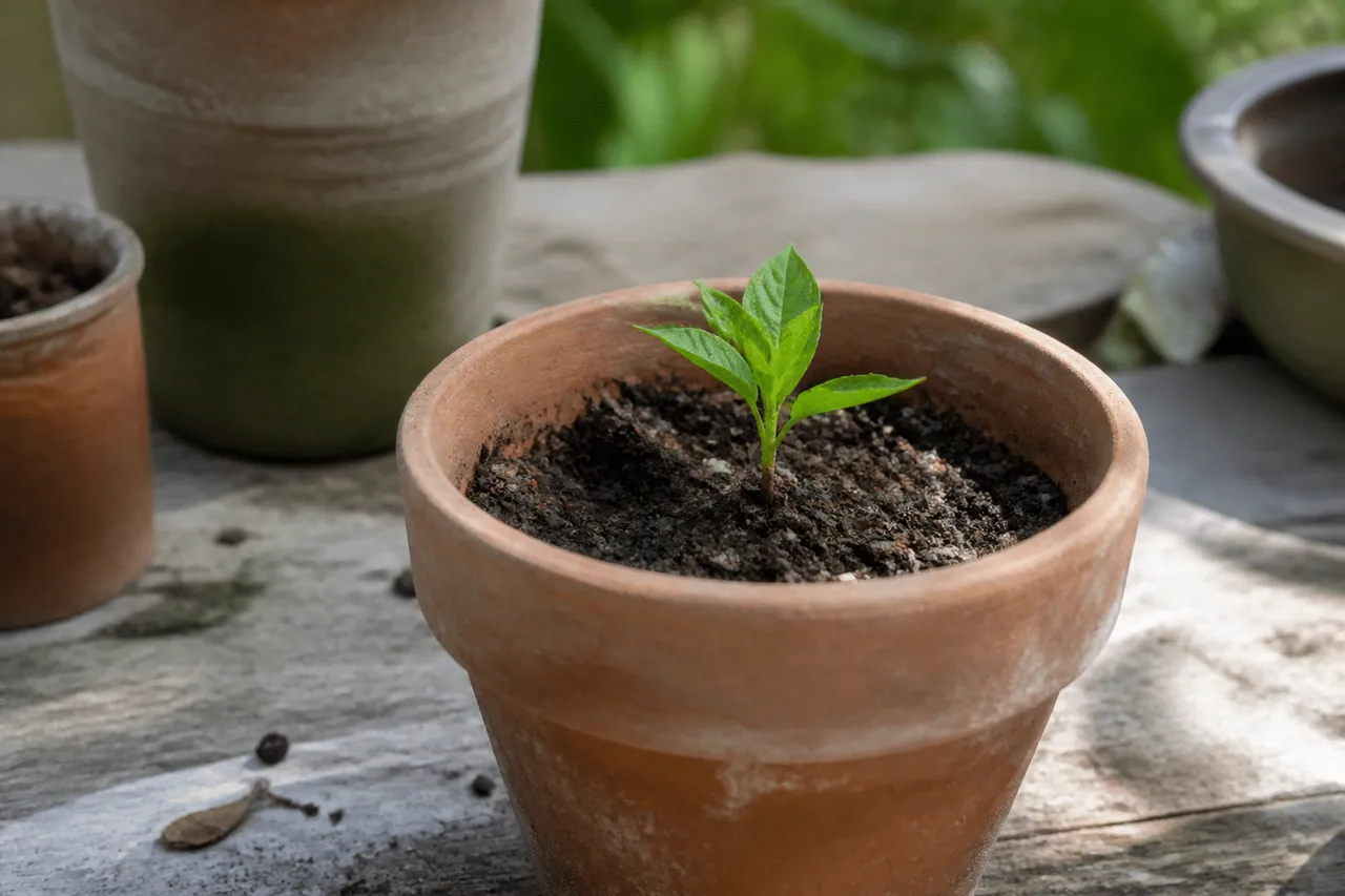 Pot de terre cuite rempli avec jeune plant vert