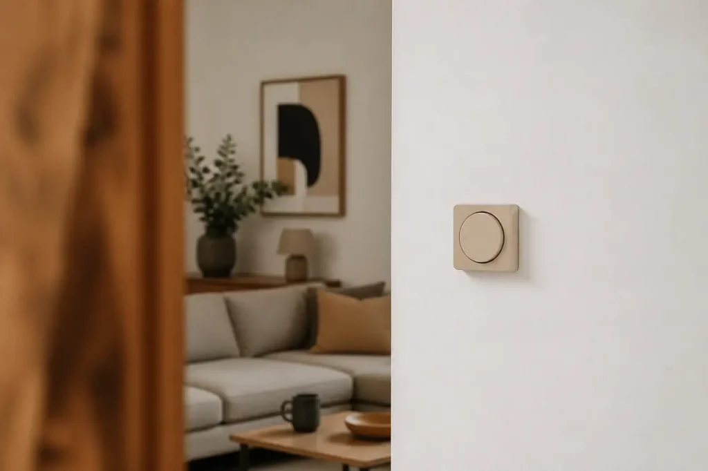 Thermostat beige encastre sur un mur blanc dans salon