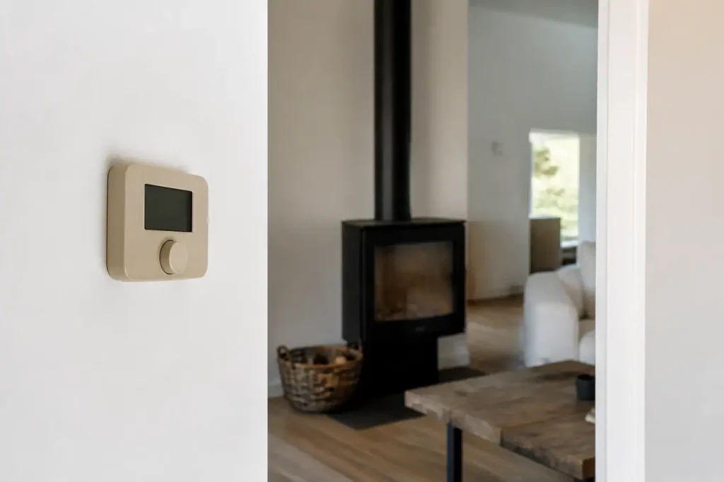Thermostat beige sur mur blanc loin du poele