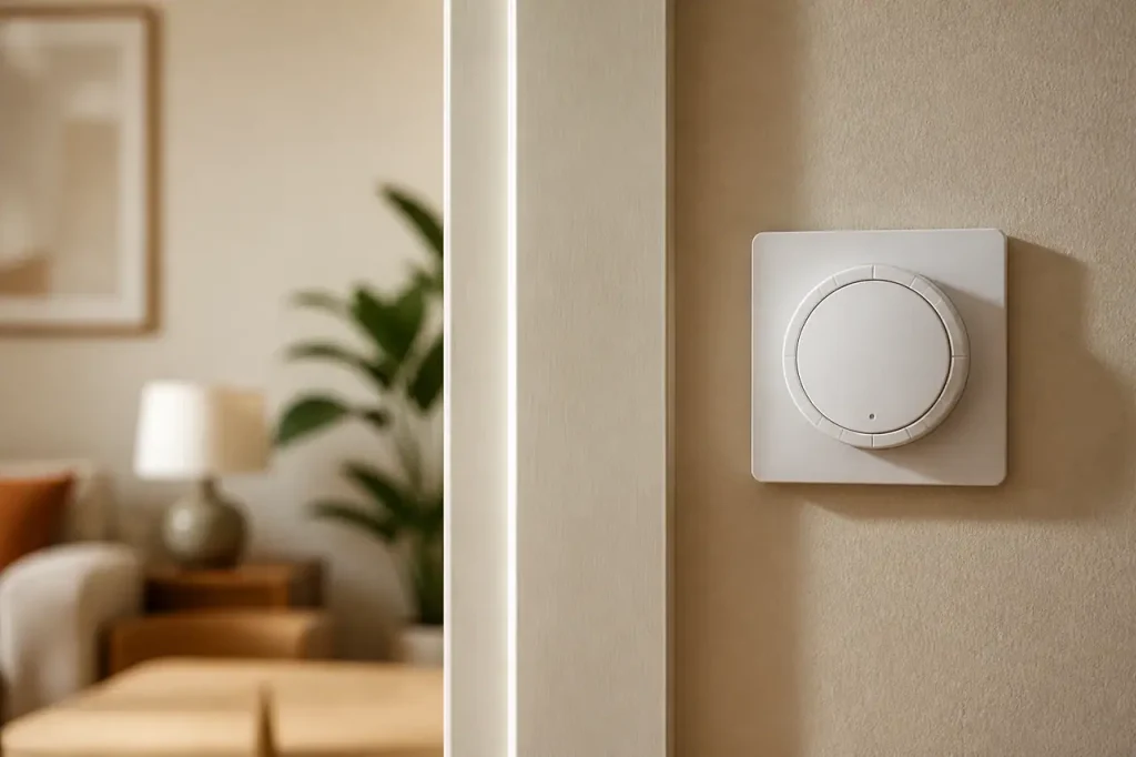 Thermostat mural blanc sur un mur beige