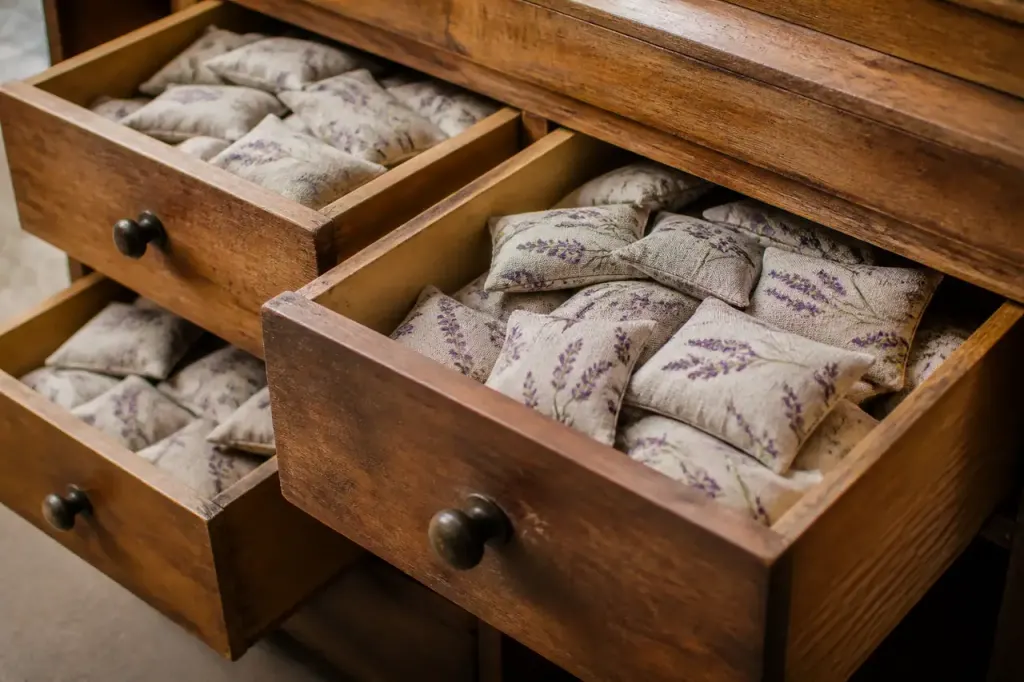Tiroirs en bois garnis de petits coussins de lavande