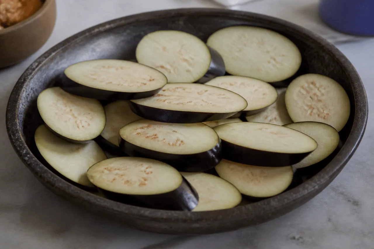 Tranches d'aubergines violettes pretes pour la marinade