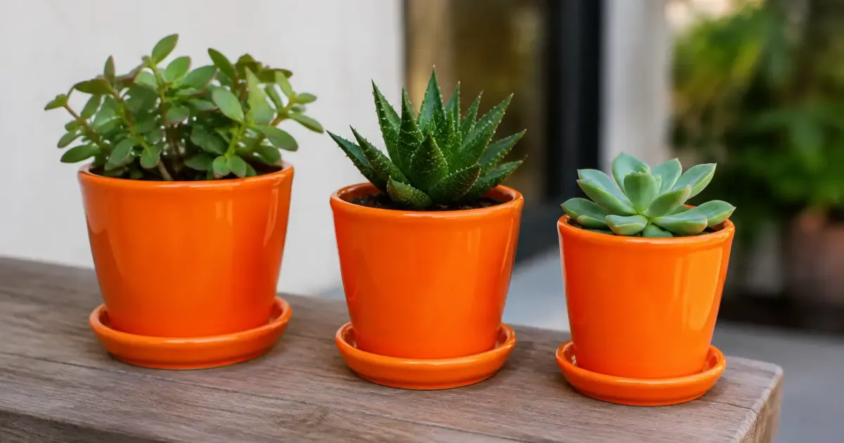 Trois pots orange sur un rebord de bois