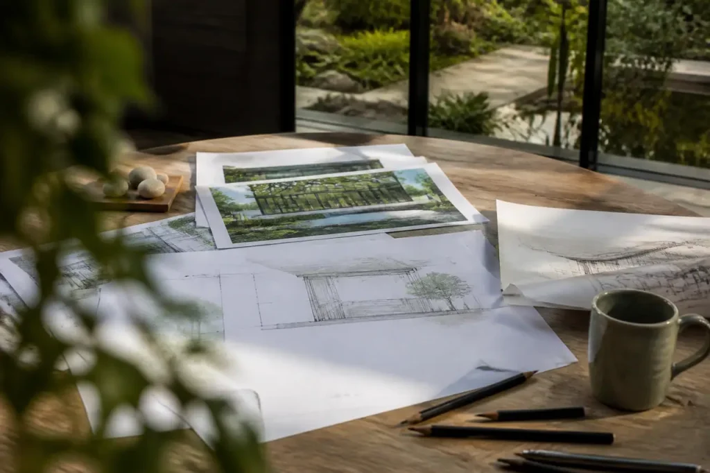 Veranda vitree au fond du jardin, plans sur table