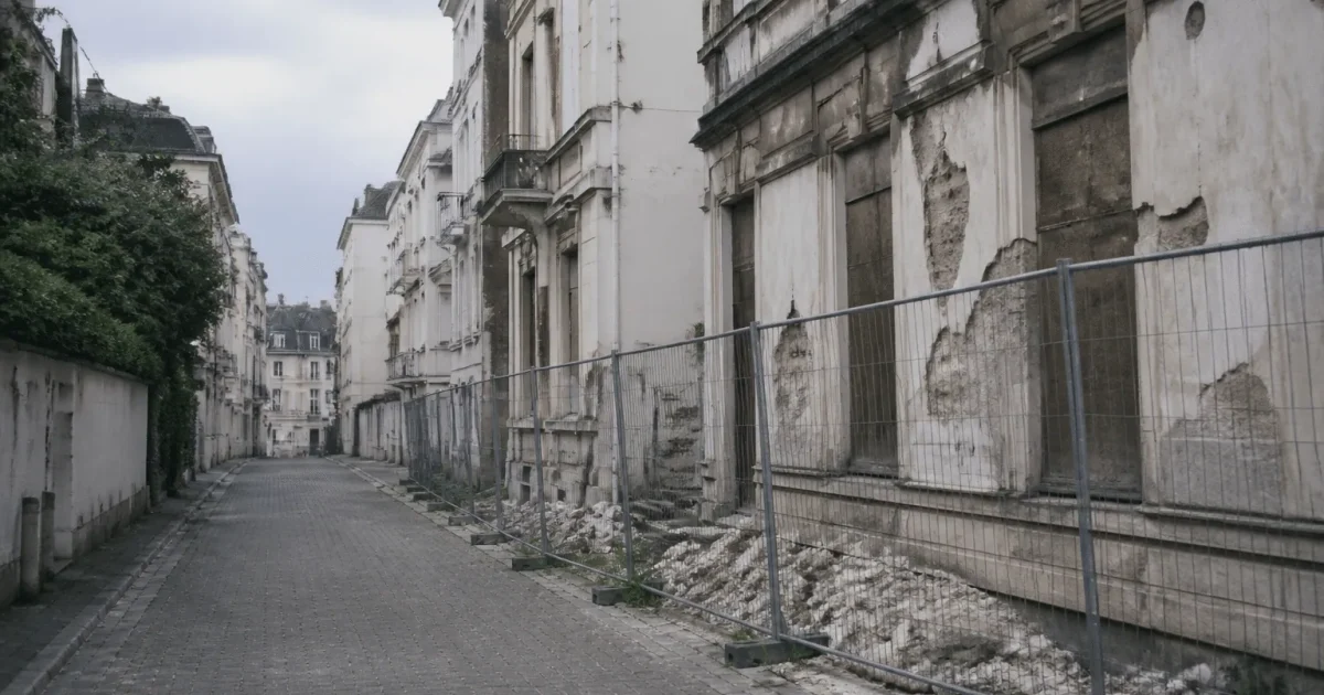 Rues desertes de Vichy avec facades delabrees et panneaux d'avertissement.